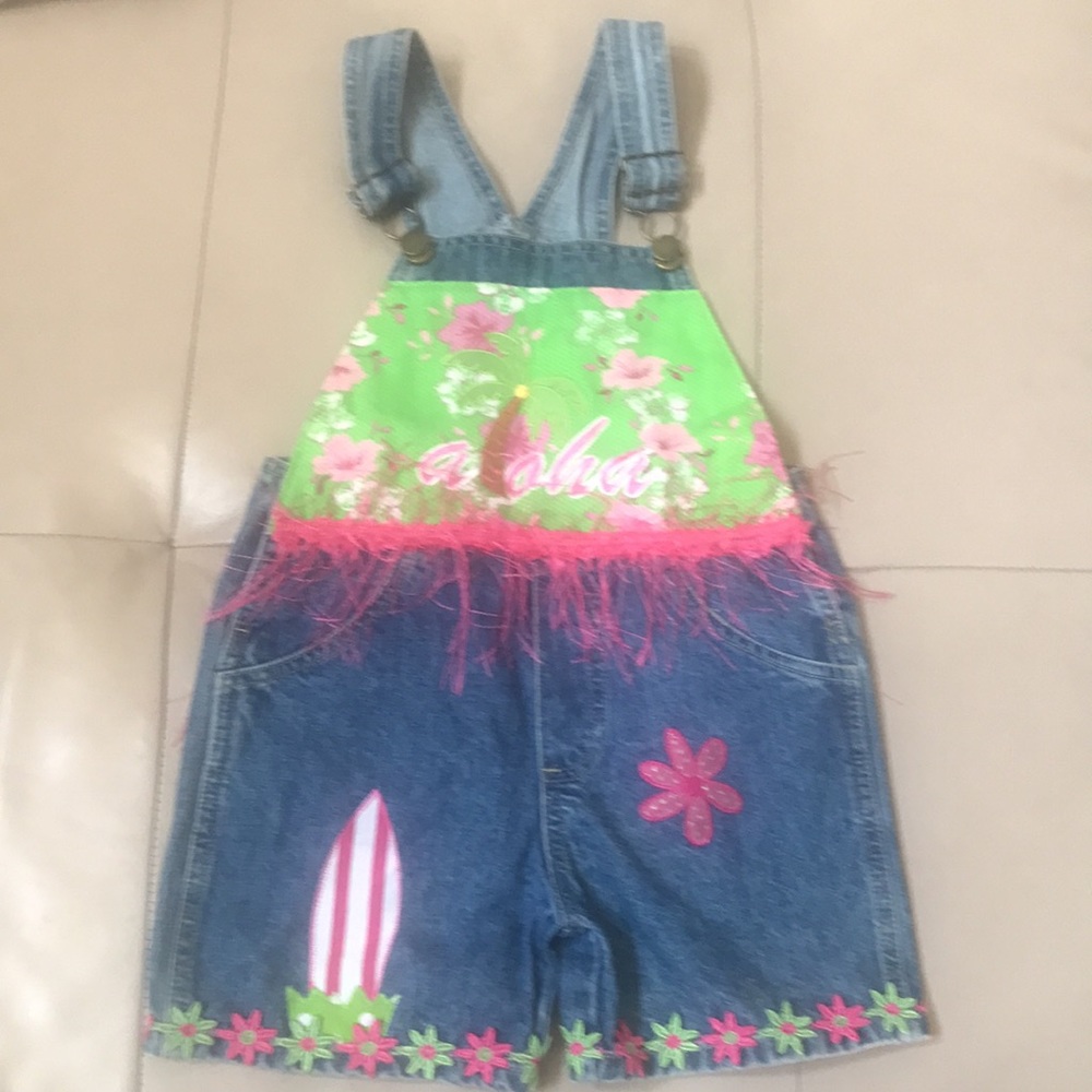 Greggy Girl Denim Bibbed Overall Aloha Fringed Hawaii Design Shorts, 4T